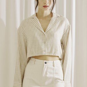Storia Beige Striped Cropped Shirt with Button Front